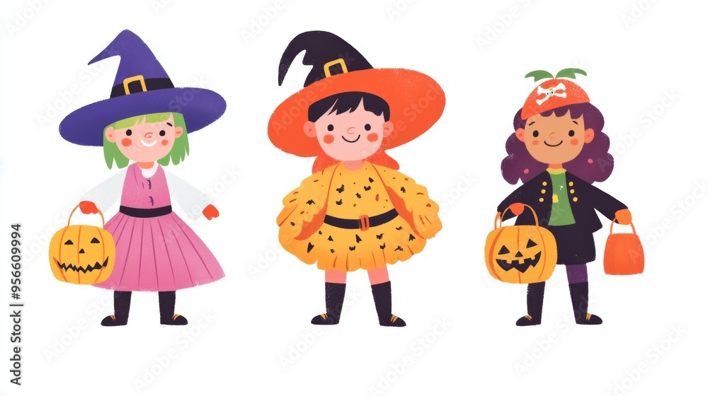 A playful halloween illustration featuring three children in colorful costumes, including a witch, a pirate, and a pumpkin, all standing in a line. Each child is holding a trick-or-treat bag and A playful halloween illustration featuring three children in colorful costumes, including a witch, a pirate, and a pumpkin, all standing in a line. Each child is holding a trick-or-treat bag and