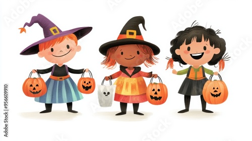 A playful halloween illustration featuring three children in colorful costumes, including a witch, a pirate, and a pumpkin, all standing in a line. Each child is holding a trick-or-treat bag and