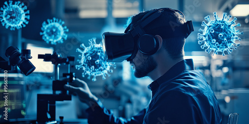 A virologist scientist studies a virus using virtual reality glasses. Scientific research in the field of vaccination. Technologies of the future based on artificial intelligence photo