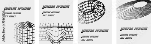 Monochrome retro Y2K brutal posters with abstract vector bitmap effect that imitates pixels. Y2K modern graphic elements and geometric shapes. Vector EPS 10