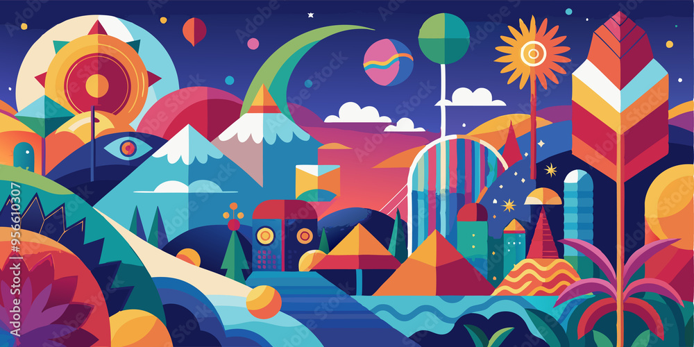 Fototapeta premium Abstract Geometric Landscape with Mountains, Stars, and Sun