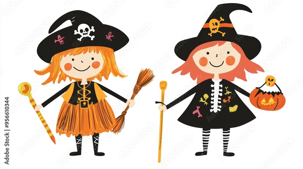 An illustration of two kids in halloween costumes, one dressed as a pirate and the other as a witch, standing back-to-back with confident expressions. The children are holding small props, such as a An illustration of two kids in halloween costumes, one dressed as a pirate and the other as a witch, standing back-to-back with confident expressions. The children are holding small props, such as a