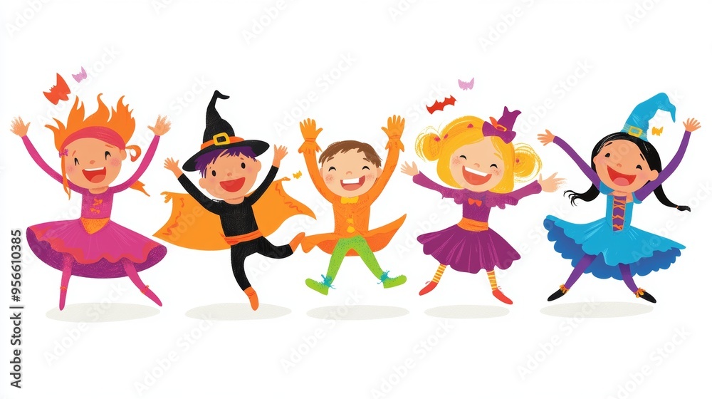A lively halloween illustration showing a group of children in costumes, including a ninja, a ballerina, and a vampire, all dancing in a circle. The children are laughing and having fun, with their A lively halloween illustration showing a group of children in costumes, including a ninja, a ballerina, and a vampire, all dancing in a circle. The children are laughing and having fun, with their
