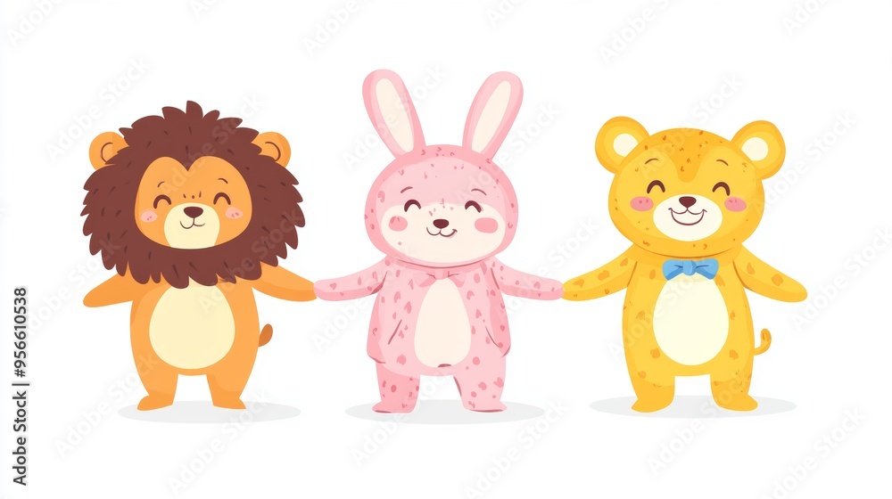 A cute halloween illustration featuring three children dressed as animals, including a lion, a bunny, and a bear, all holding hands and smiling. The costumes are soft and fluffy, with bright colors A cute halloween illustration featuring three children dressed as animals, including a lion, a bunny, and a bear, all holding hands and smiling. The costumes are soft and fluffy, with bright colors
