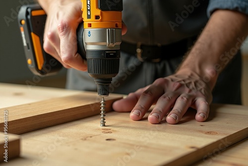 A person using a drill to make a hole in a wooden piece