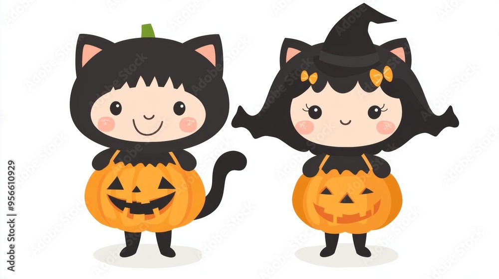 A cute Halloween illustration showing two children in costumes, one dressed as a cat and the other as a pumpkin, standing side by side. The kids are holding small trick-or-treat bags and smiling, A cute Halloween illustration showing two children in costumes, one dressed as a cat and the other as a pumpkin, standing side by side. The kids are holding small trick-or-treat bags and smiling,