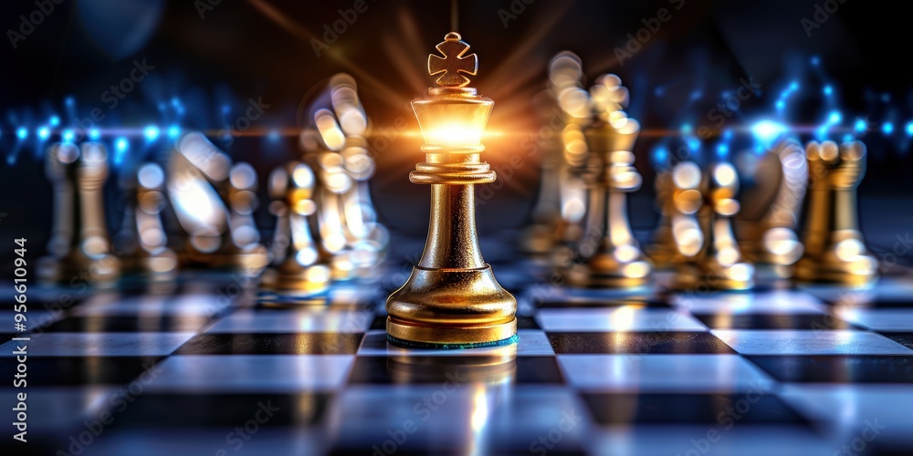 Golden chess king and pieces on chessboard, illuminated with blue neon light, symbolizing strategy, leadership, and competition.