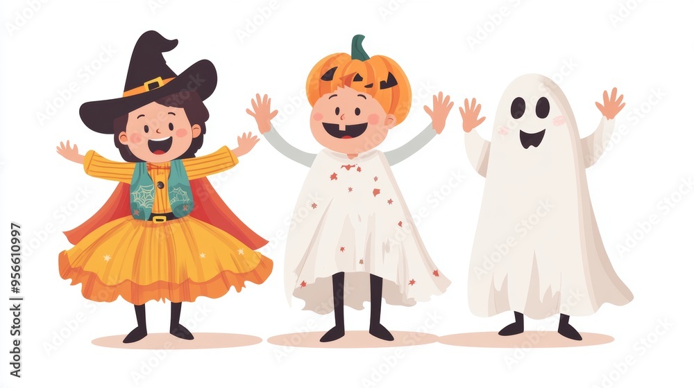 An illustration of three children in halloween costumes, including a cowboy, a princess, and a ghost, all standing in a row and waving. The kids are happy and excited, with their costumes full of An illustration of three children in halloween costumes, including a cowboy, a princess, and a ghost, all standing in a row and waving. The kids are happy and excited, with their costumes full of