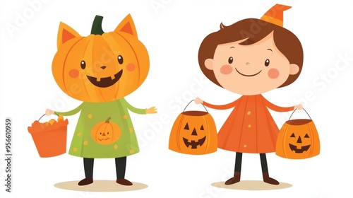 A cute Halloween illustration showing two children in costumes, one dressed as a cat and the other as a pumpkin, standing side by side. The kids are holding small trick-or-treat bags and smiling,