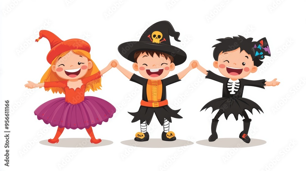 A cheerful Halloween illustration showing three children in costumes, including a pirate, a ballerina, and a vampire, all standing in a semi-circle and holding hands. The kids are happy and excited, A cheerful Halloween illustration showing three children in costumes, including a pirate, a ballerina, and a vampire, all standing in a semi-circle and holding hands. The kids are happy and excited,