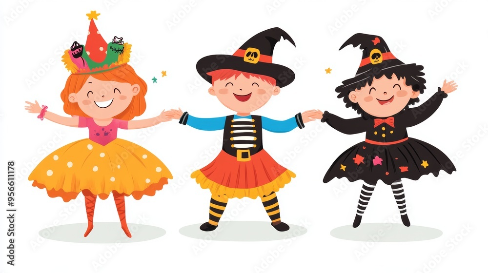 A cheerful Halloween illustration showing three children in costumes, including a pirate, a ballerina, and a vampire, all standing in a semi-circle and holding hands. The kids are happy and excited, A cheerful Halloween illustration showing three children in costumes, including a pirate, a ballerina, and a vampire, all standing in a semi-circle and holding hands. The kids are happy and excited,