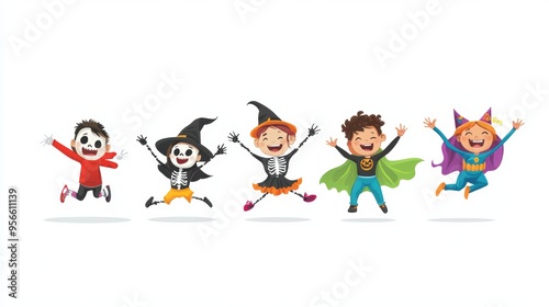 A lively Halloween illustration featuring a group of children dressed in costumes, including a skeleton, a witch, and a superhero, all jumping in the air with joy. The kids are smiling and laughing,