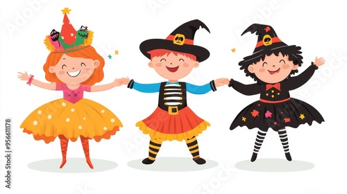 A cheerful Halloween illustration showing three children in costumes, including a pirate, a ballerina, and a vampire, all standing in a semi-circle and holding hands. The kids are happy and excited,