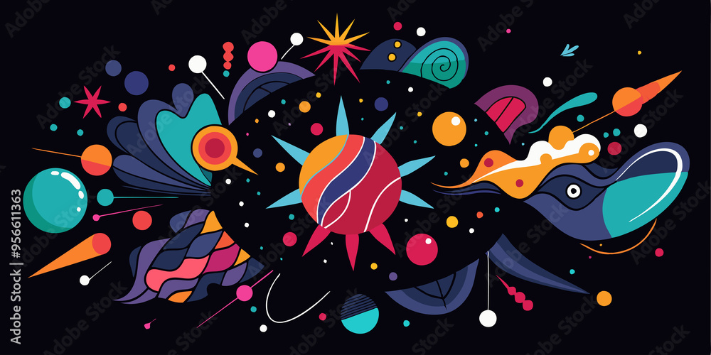 Abstract Colorful Design with a Starburst and Planets Abstract Colorful Design with a Starburst and Planets