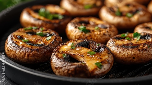 Close-up of deliciously grilled mushrooms, cooked to perfection and garnished with fresh herbs, showcasing a scrumptious and inviting vegetarian dish.