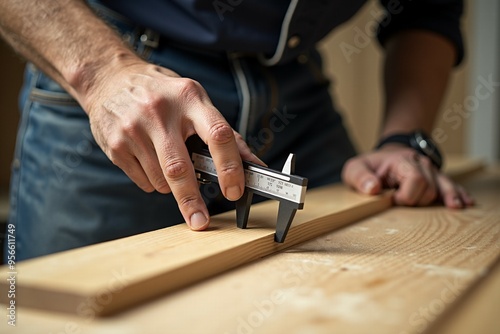 A person measures a piece of wood using a caliper