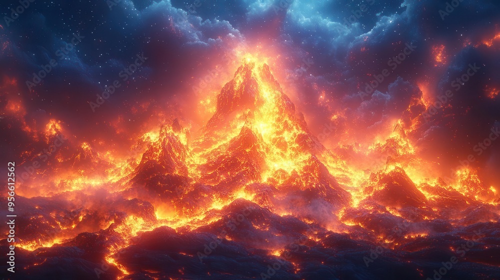 ethereal volcanic eruption at midnight glowing lava rivers cascading down slopes ash clouds swirling in starlit sky dreamlike fantasy landscape with vibrant colors and serene atmosphere ethereal volcanic eruption at midnight glowing lava rivers cascading down slopes ash clouds swirling in starlit sky dreamlike fantasy landscape with vibrant colors and serene atmosphere