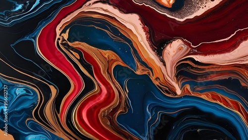 Abstract Colorful Marble Background, Fluid Art Painting, Alcohol Ink Style, Black, Gold, Red, and Blue Colors, Beautiful Swirl Marble Design