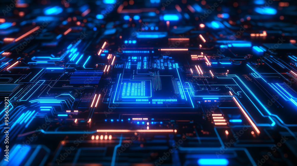 Obraz premium Digital City Technology Concept with Motherboard and Circuit Board at Night