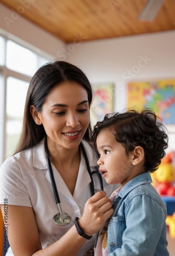 A female pediatrician holding a young child in a clinic, focusing on pediatric healthcare and patient care.