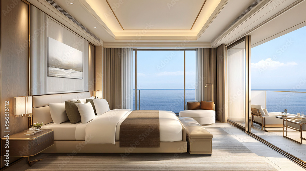Fototapeta premium Luxury bedroom with ocean view
