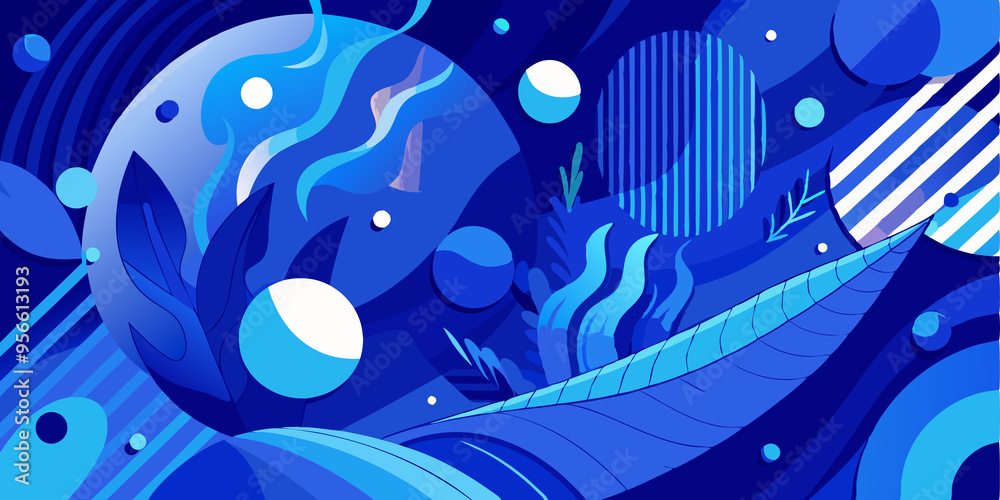 Obraz premium Abstract Blue and White Pattern with Circular and Leaf Shapes