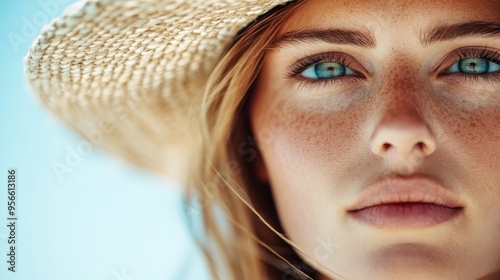 A close-up shot of a person wearing a straw hat, with the sun shining bright and a clear blue sky in the background, representing rural summertime relaxation and simplicity.