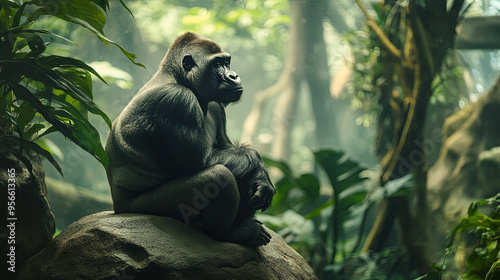 A gorilla sitting thoughtfully on a large boulder, surrounded by dense foliage and tall trees in its zoo habitat. photo