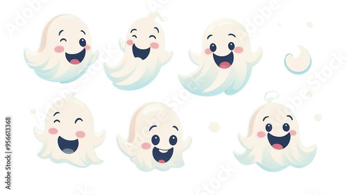 Set of cute ghost sheet cartoons for logos, transparent background.