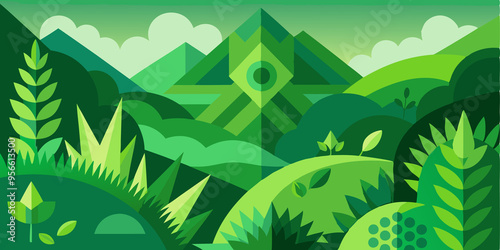 Geometric Green Landscape with Mountains and Foliage