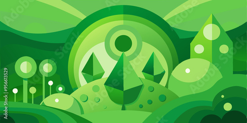 Abstract Geometric Green Landscape with Trees and Hills