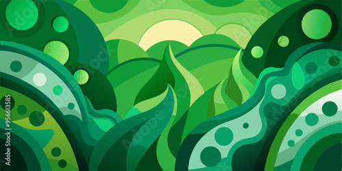Abstract Green Landscape with Curving Lines and Circles