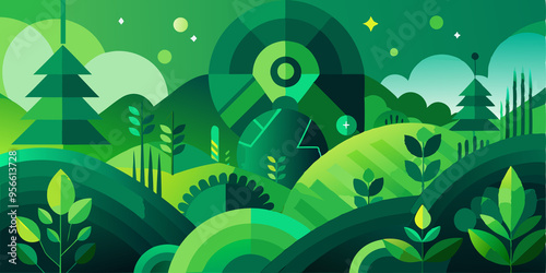 Abstract Geometric Landscape with Green Hills and Trees