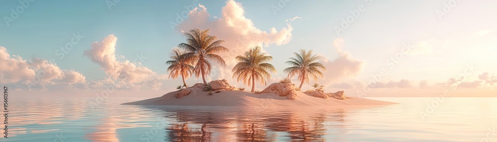Floating desert oasis, with palm trees, shimmering sands, and a magical spring, fantasy environment, 3D illustration Floating desert oasis, with palm trees, shimmering sands, and a magical spring, fantasy environment, 3D illustration