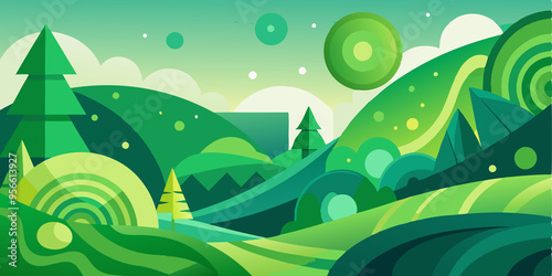 Abstract Green Landscape with Trees and Circles