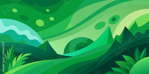 Abstract Green Landscape with Wavy Hills and Plants
