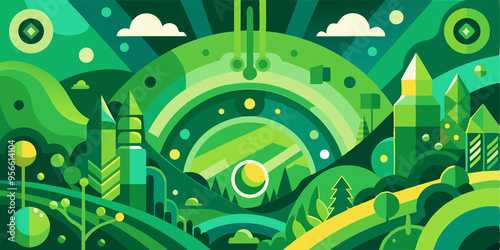 Abstract Green Landscape with Geometric Buildings and Sun