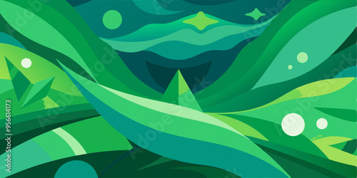Abstract Green and Teal Pattern with Shapes and Circles