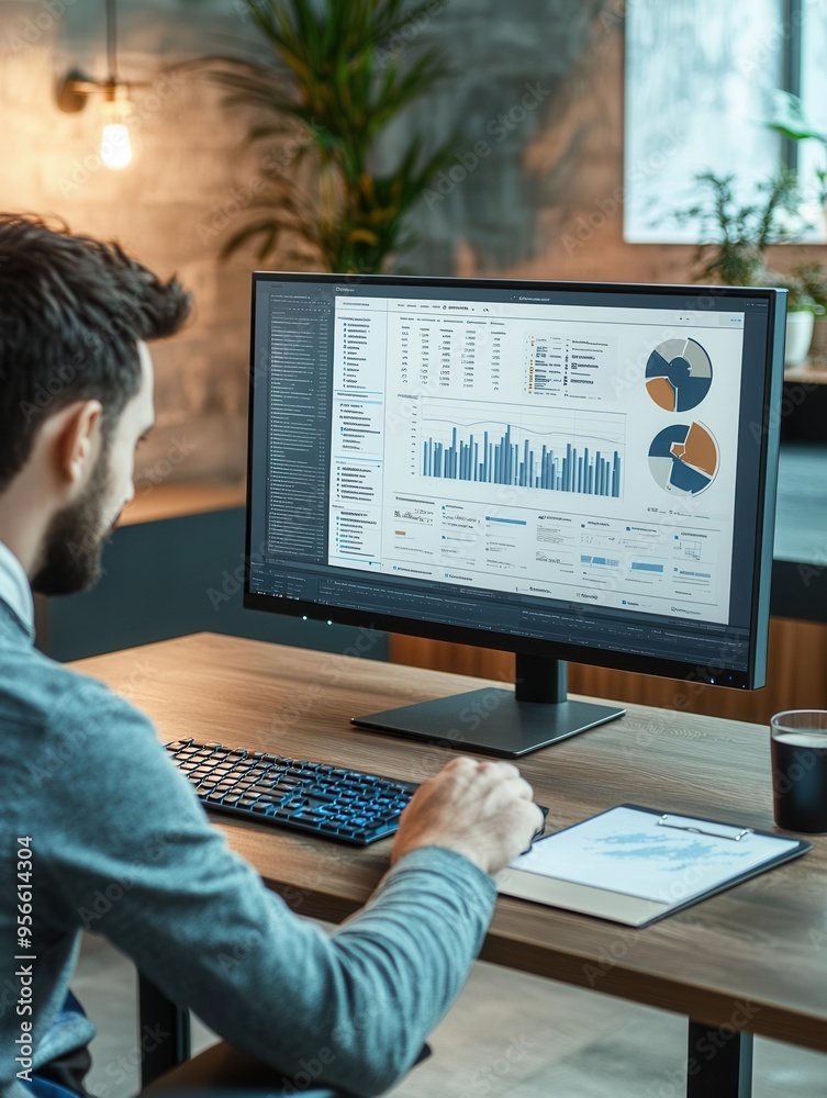 A focused expert reviews detailed data on a large monitor, surrounded by a keyboard, notepad, and a coffee mug. Generative AI A focused expert reviews detailed data on a large monitor, surrounded by a keyboard, notepad, and a coffee mug. Generative AI