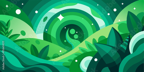 Abstract Green Landscape with White Stars and Circles