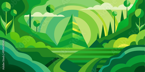 Abstract Geometric Landscape with Lush Green Hills and Trees