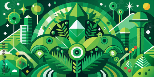 Abstract Green Landscape with Geometric Shapes and Nature Elements