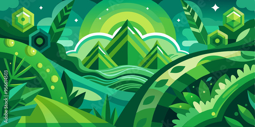 Abstract Green Landscape with Mountain Range and Geometric Shapes