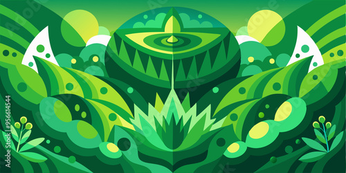 Abstract Green Landscape with Geometric Shapes and Plants