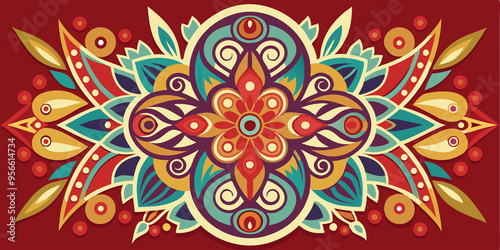 Colorful Abstract Floral Pattern with Swirls and Circles on a Red Background