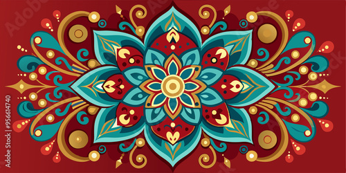 Ornate Mandala with Blue, Red, and Gold Motifs on a Red Background