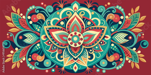 Colorful Floral Mandala with Swirls and Leaves