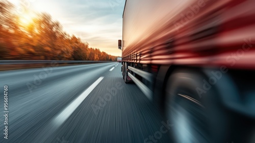 A red truck is captured speeding along a highway during a beautiful autumn sunset, with focus on its motion and the road stretching into the distance under a colorful sky. photo