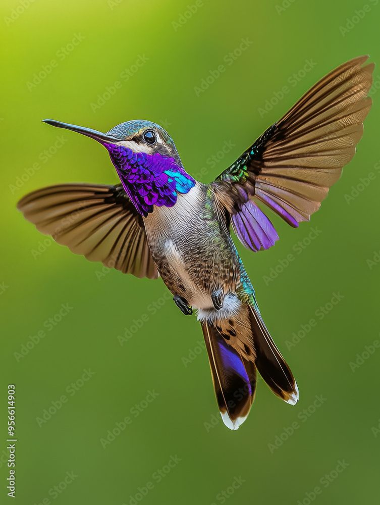 Fototapeta premium A hummingbird with a purple and blue tail is flying in the air