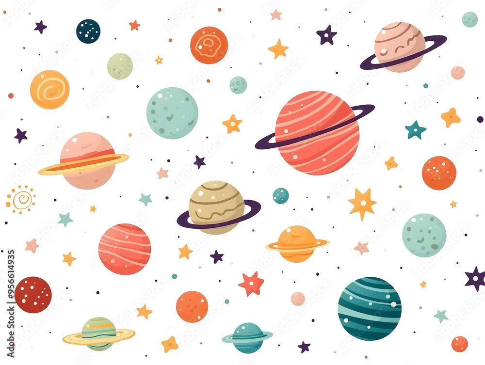 A colorful space scene with many planets and stars A colorful space scene with many planets and stars